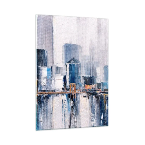 Impression sur verre - Image sur verre - Panorama abstrait de la ville avec des gratte-ciel et un pont aux couleurs froides - 50x70cm - Impression new-yorkaise - Décoration murale moderne pour le salon et la chambre ARTTOR