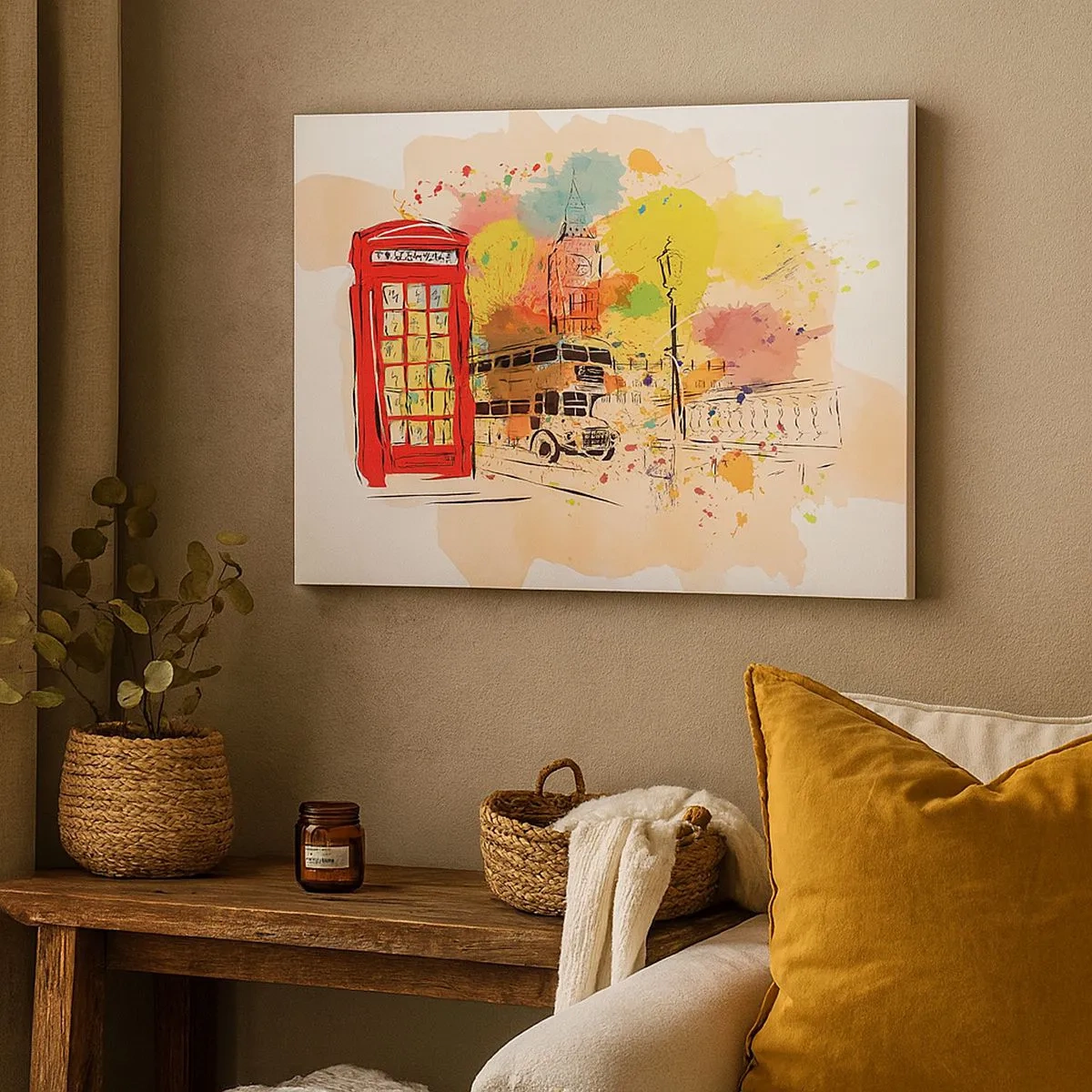 Impression sur toile - Image sur toile - Thème londonien avec bus rouge et stand - 70x50cm - La ville de la variété - Décoration murale moderne pour le salon et la chambre ARTTOR