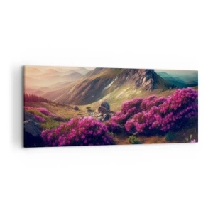 Impression sur toile - Image sur toile - Paysage de montagne avec des rhododendrons en fleurs - 120x50cm - L'été à la montagne - Décoration murale moderne pour le salon et la chambre ARTTOR