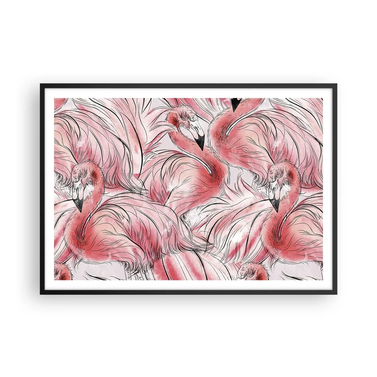 Affiche dans un cadre noir - Poster - Dessins délicats de flamants roses - 100x70cm - Oiseau corps de ballet - Décoration murale moderne pour le salon et la chambre ARTTOR