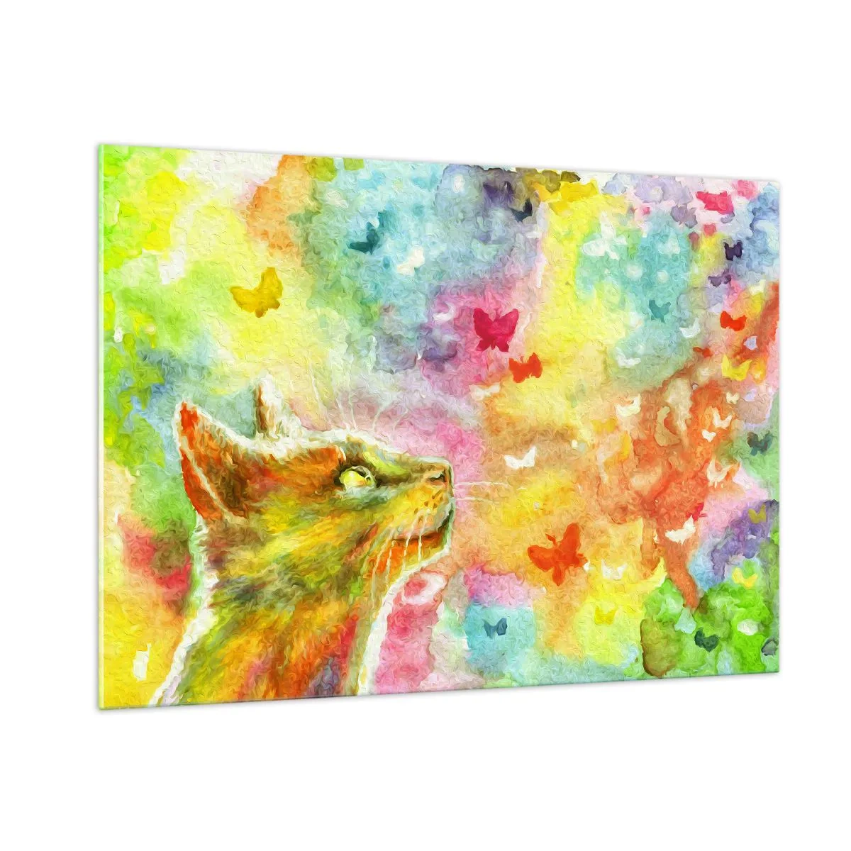 Impression sur verre - Image sur verre - Un chat observant des papillons colorés sur un fond pastel. - 100x70cm - Bayou-bayou au paradis des chats - Décoration murale moderne pour le salon et la chambre ARTTOR
