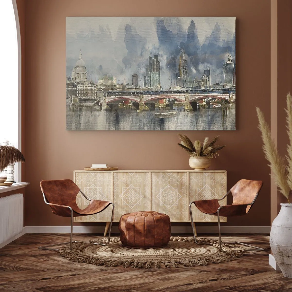 Impression sur toile - Image sur toile - Vue à l'aquarelle du pont et des toits de la ville - 100x70cm - Londres dans toute sa splendeur - Décoration murale moderne pour le salon et la chambre ARTTOR