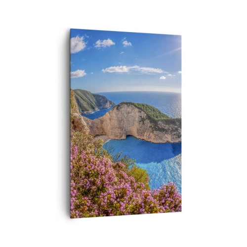 Impression sur toile - Image sur toile - Une falaise fleurie, une mer turquoise et un paysage grec ensoleillé - 80x120cm - Mes super vacances grecques - Décoration murale moderne pour le salon et la chambre ARTTOR