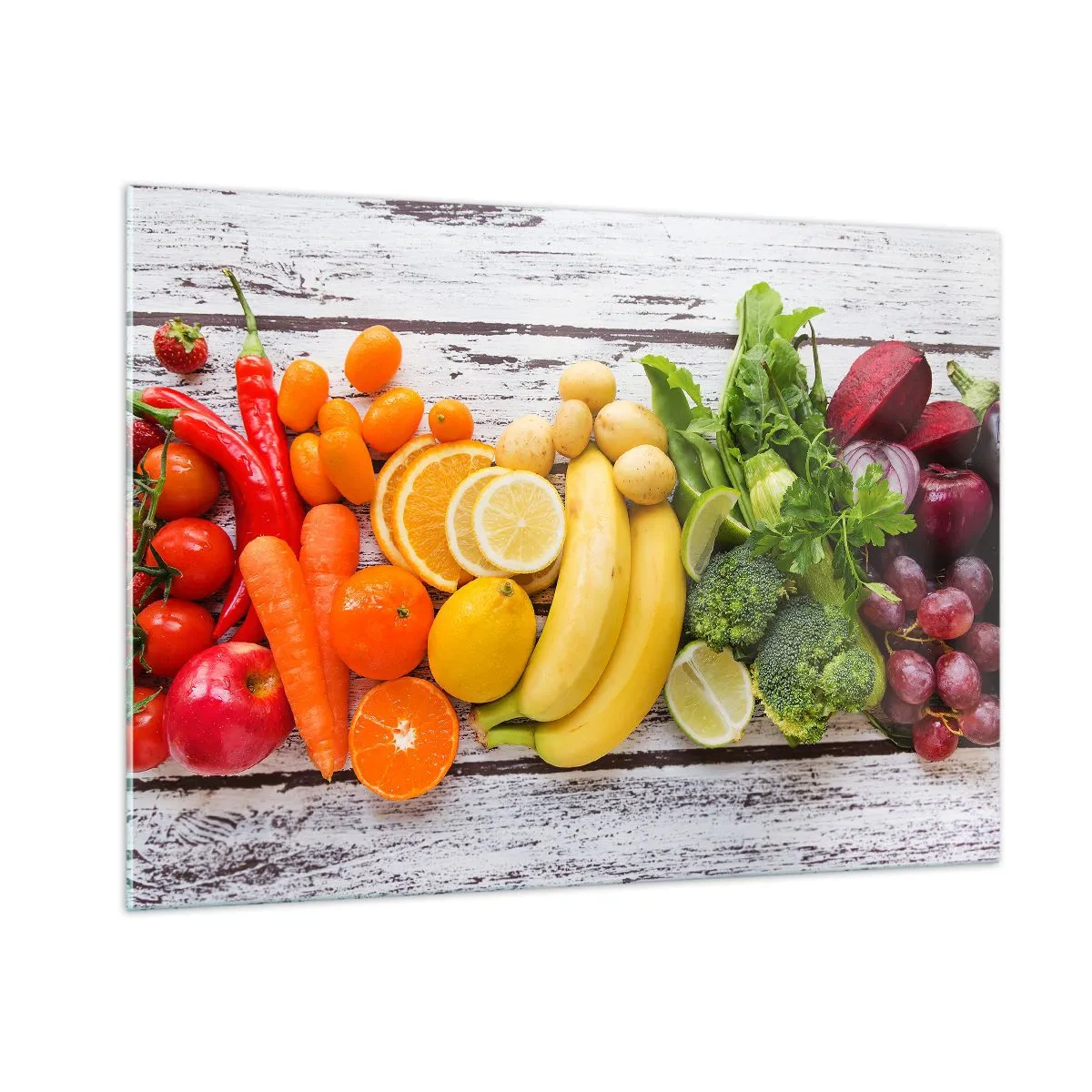 Impression sur verre - Image sur verre - Fruits et légumes colorés disposés sur une table en bois - 100x70cm - Ce n'est pas suffisant? - Décoration murale moderne pour le salon et la chambre ARTTOR