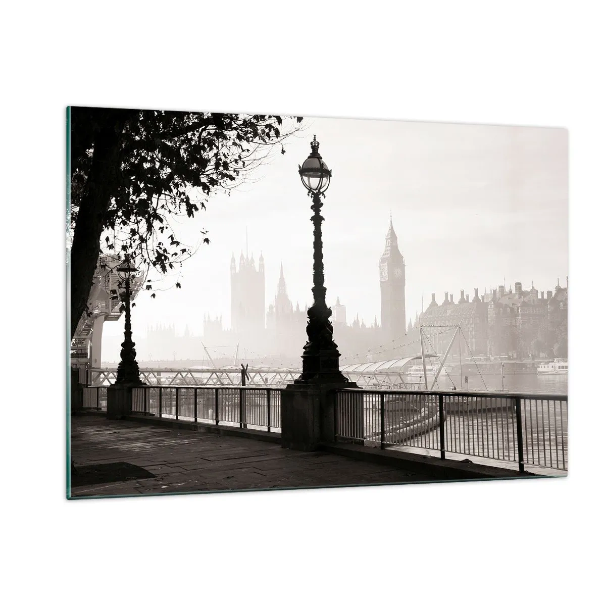 Impression sur verre - Image sur verre - Photographie en noir et blanc de la promenade de Londres avec Big Ben - 120x80cm - Un matin londonien - Décoration murale moderne pour le salon et la chambre ARTTOR