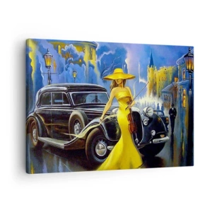 Impression sur toile - Image sur toile - Une femme en robe jaune avec un violon à côté d'une voiture rétro. - 70x50cm - Nocturne pour violon et amour - Décoration murale moderne pour le salon et la chambre ARTTOR