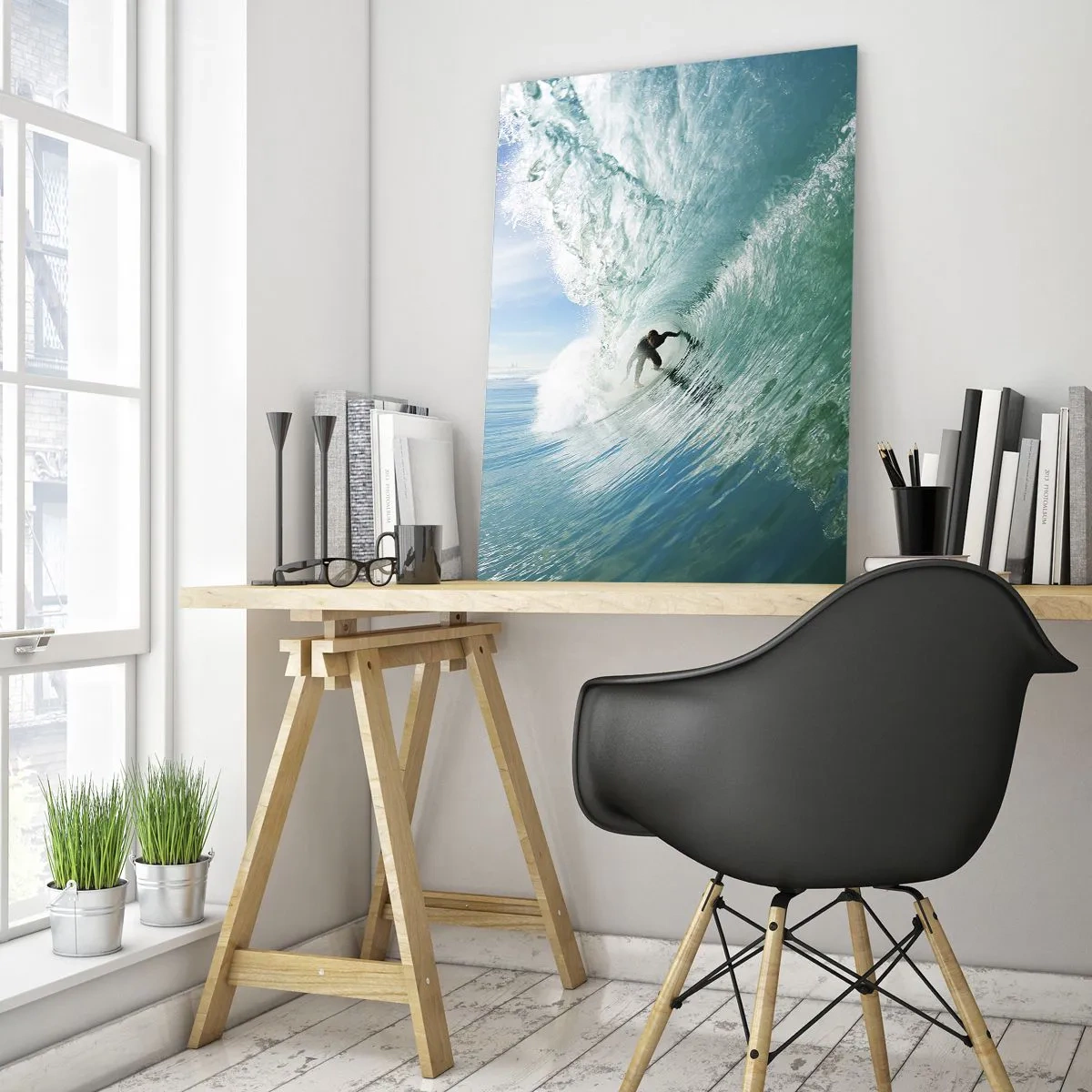 Impression sur verre - Image sur verre - Un surfeur chevauchant une vague au soleil contre un ciel bleu - 80x120cm - Toujours sur la vague - Décoration murale moderne pour le salon et la chambre ARTTOR