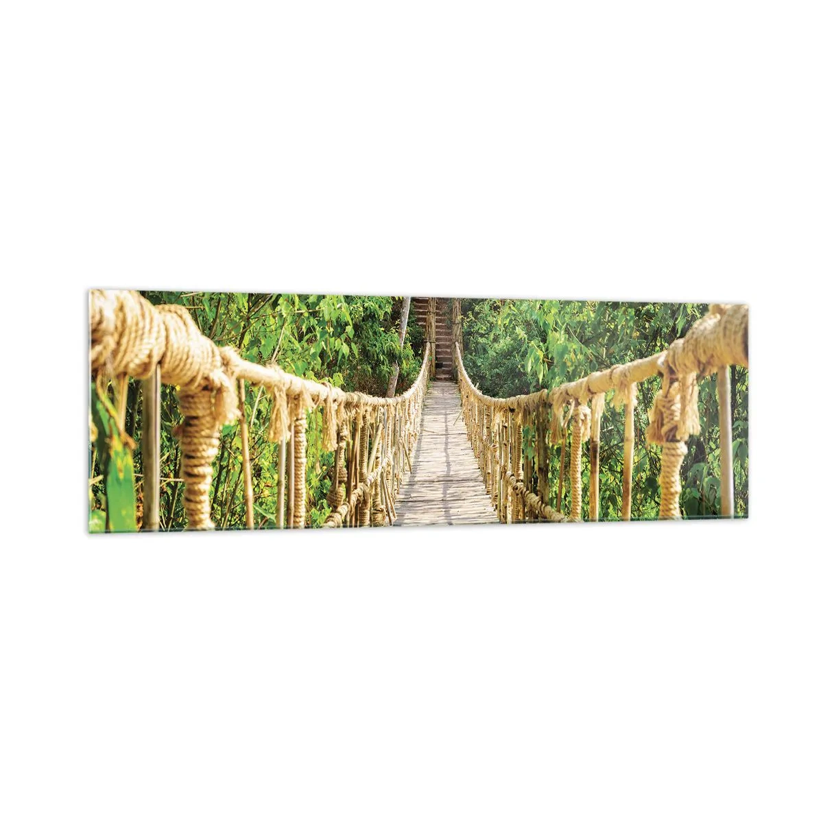 Impression sur verre - Image sur verre - Un pont suspendu dans une forêt tropicale pleine de verdure - 160x50cm - Suspendu dans la nature - Décoration murale moderne pour le salon et la chambre ARTTOR