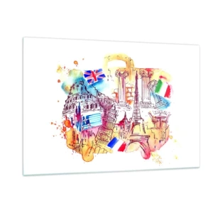 Impression sur verre - Image sur verre - Aquarelle de monuments européens avec drapeaux de pays - 120x80cm - Tournée européenne - Décoration murale moderne pour le salon et la chambre ARTTOR