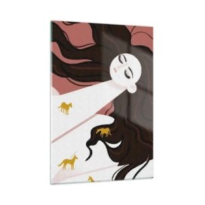 Impression sur verre - Image sur verre - Une femme aux cheveux longs et aux chevaux dorés sur fond rose. - 50x70cm - Rêve d'un cheval d'or - Décoration murale moderne pour le salon et la chambre ARTTOR