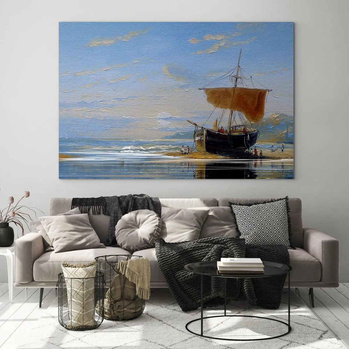 Impression sur verre - Image sur verre - Un navire avec une voile au bord de la mer dans un style pictural - 100x70cm - Eau, terre, air - Décoration murale moderne pour le salon et la chambre ARTTOR