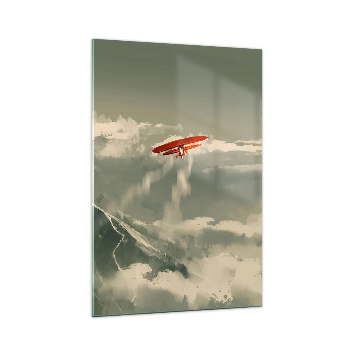 Impression sur verre - Image sur verre - Avion rouge au-dessus des montagnes enneigées - 70x100cm - Pionnier intrépide - Décoration murale moderne pour le salon et la chambre ARTTOR