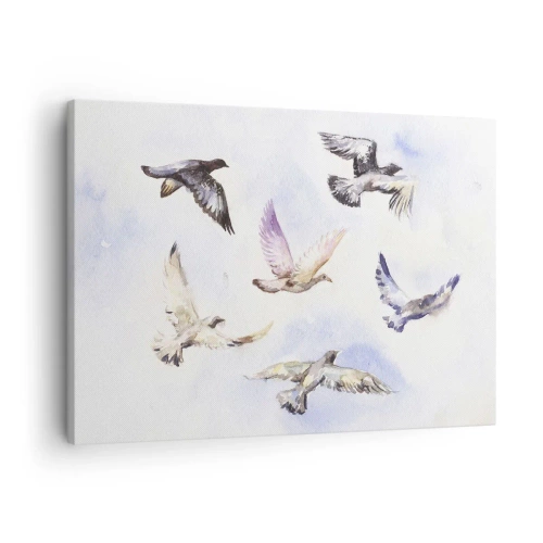 Impression sur toile - Image sur toile - Oiseaux à l'aquarelle en vol sur un ciel délicat - 70x50cm - Liberté en gris et bleu - Décoration murale moderne pour le salon et la chambre ARTTOR
