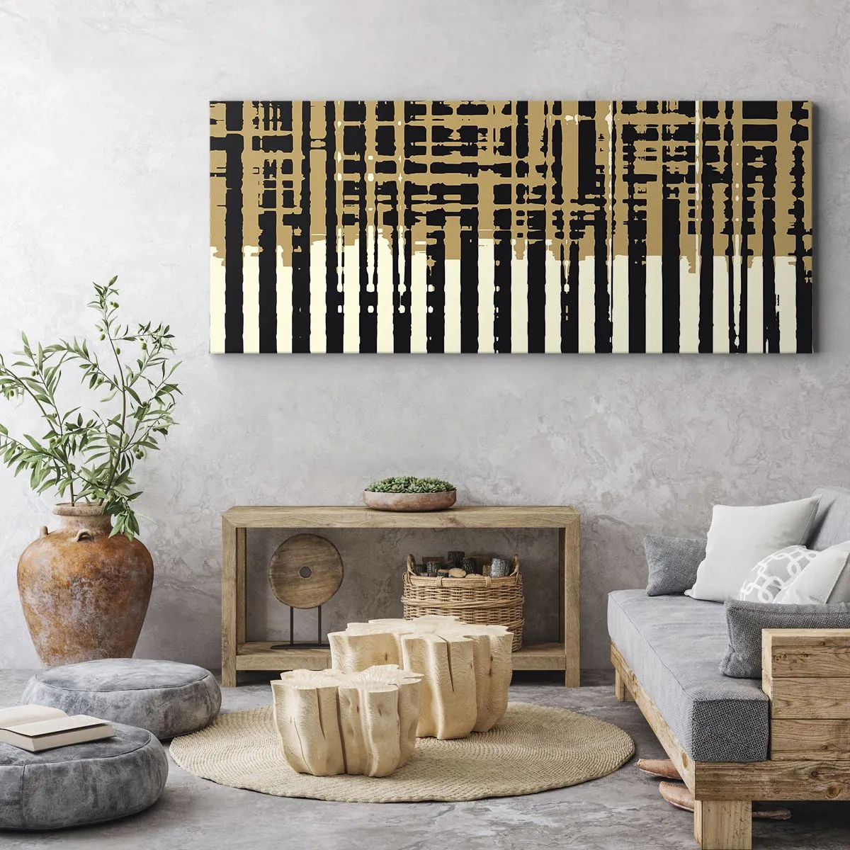 Impression sur toile - Image sur toile - Lignes abstraites en noir, beige et blanc - 120x50cm - Abstraction architecturale - Décoration murale moderne pour le salon et la chambre ARTTOR