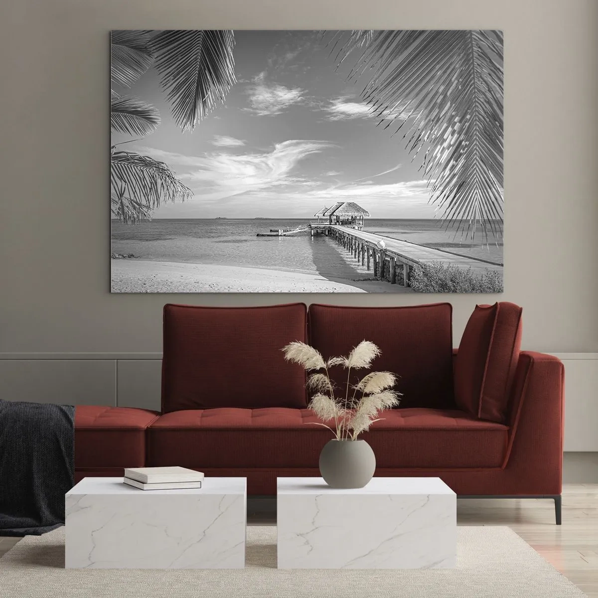 Impression sur verre - Image sur verre - Photographie en noir et blanc d'une plage tropicale avec une jetée - 100x70cm - Souvenirs ou rêve? - Décoration murale moderne pour le salon et la chambre ARTTOR