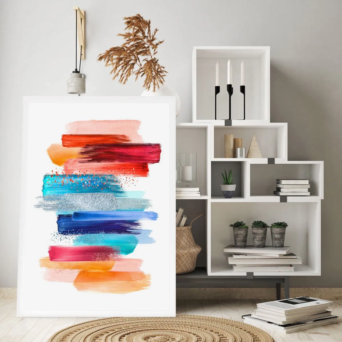 Affiche - Poster - Coups de pinceau abstraits colorés sur fond blanc - 50x70cm - En haut et en bas - Décoration murale moderne pour le salon et la chambre ARTTOR