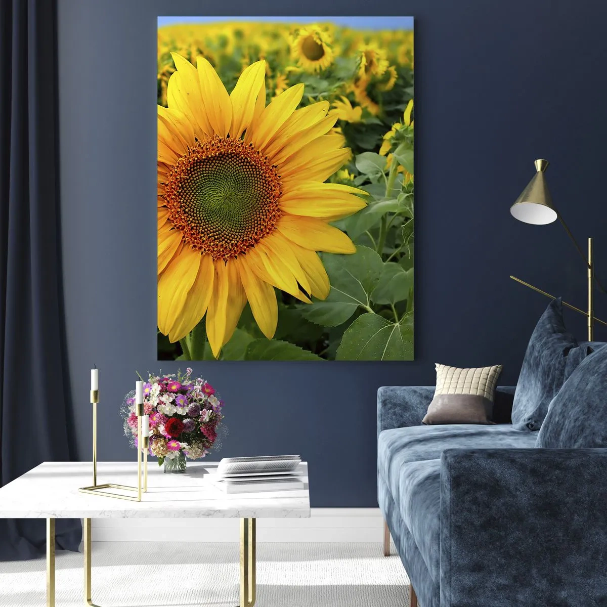 Impression sur verre - Image sur verre - Un champ de tournesols aux fleurs jaunes sur fond de feuilles vertes - 70x100cm - Des centaines de soleils se sont embrasés - Décoration murale moderne pour le salon et la chambre ARTTOR
