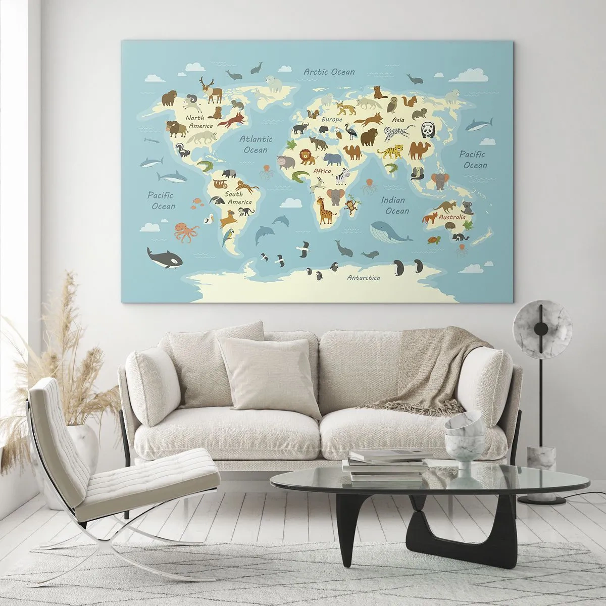 Impression sur verre - Image sur verre - Une carte du monde colorée avec des illustrations d'animaux de différents continents. - 120x80cm - De bons voisins - Décoration murale moderne pour le salon et la chambre ARTTOR