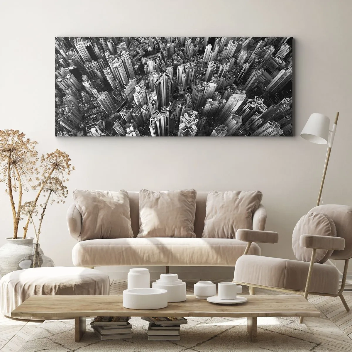 Impression sur toile - Image sur toile - Vue aérienne de la ville en noir et blanc - 160x50cm - Toujours de plus en plus haut - Décoration murale moderne pour le salon et la chambre ARTTOR