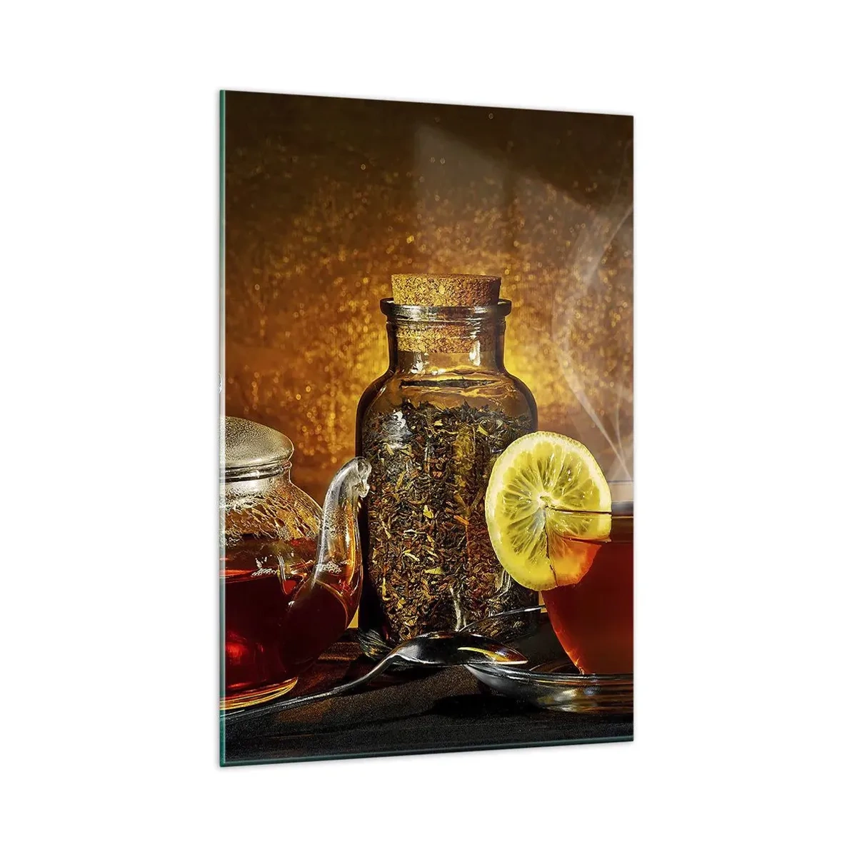 Impression sur verre - Image sur verre - Thé dans une carafe en verre avec du citron et du thé en vrac - 80x120cm - Dans le style des maîtres hollandais - Décoration murale moderne pour le salon et la chambre ARTTOR