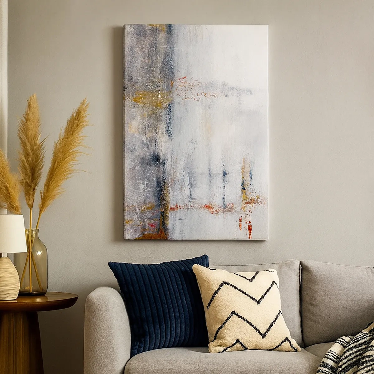 Impression sur toile - Image sur toile - Un paysage abstrait aux accents flous de gris et d'or. - 50x70cm - Derrière l'air un rideau - Décoration murale moderne pour le salon et la chambre ARTTOR