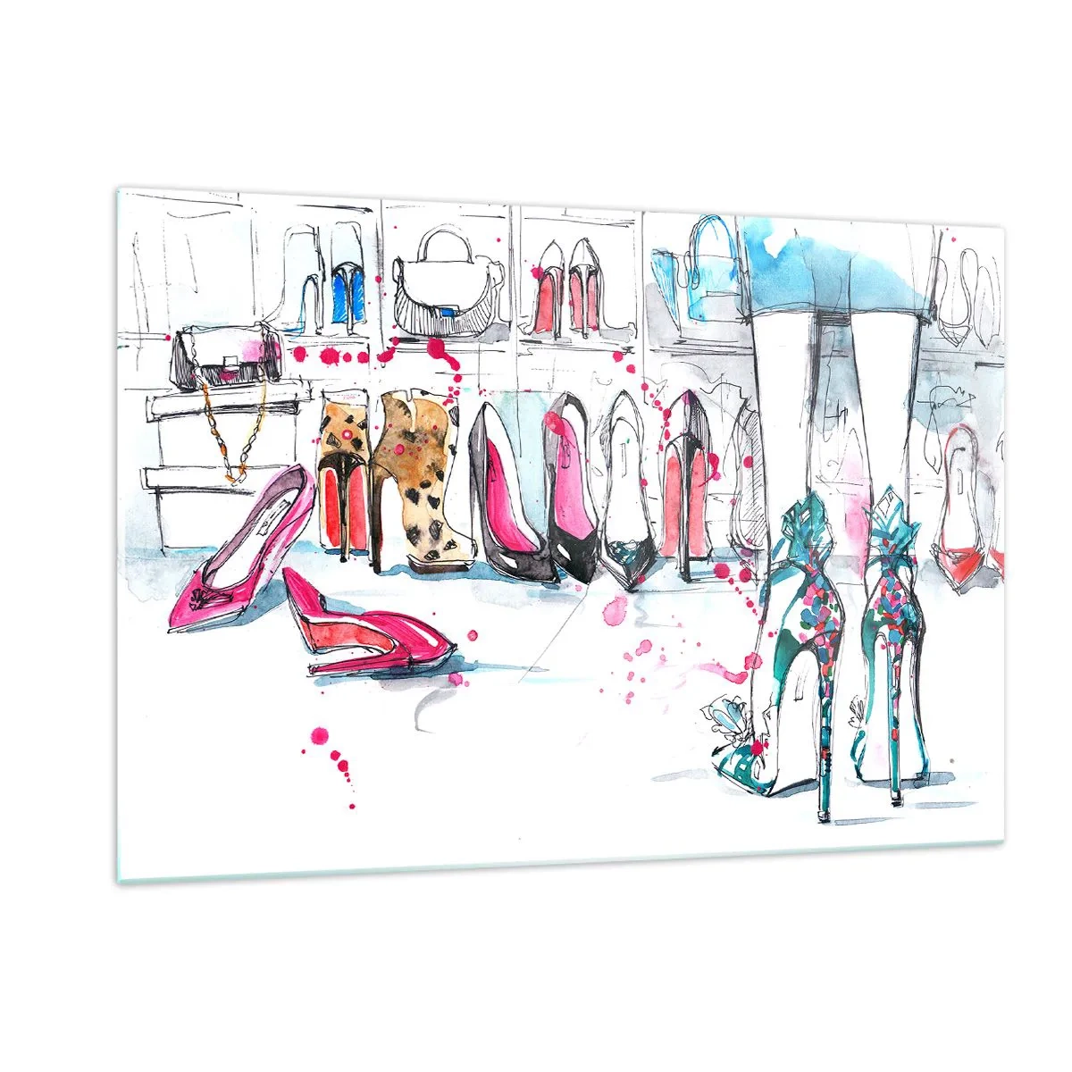 Impression sur verre - Image sur verre - Illustration de talons hauts élégants dans un magasin - 120x80cm - Sésame, ouvre-toi - Décoration murale moderne pour le salon et la chambre ARTTOR