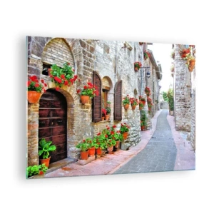 Impression sur verre - Image sur verre - Une rue pittoresque avec des murs de pierre et des fleurs rouges - 70x50cm - Ambiance italienne - Décoration murale moderne pour le salon et la chambre ARTTOR