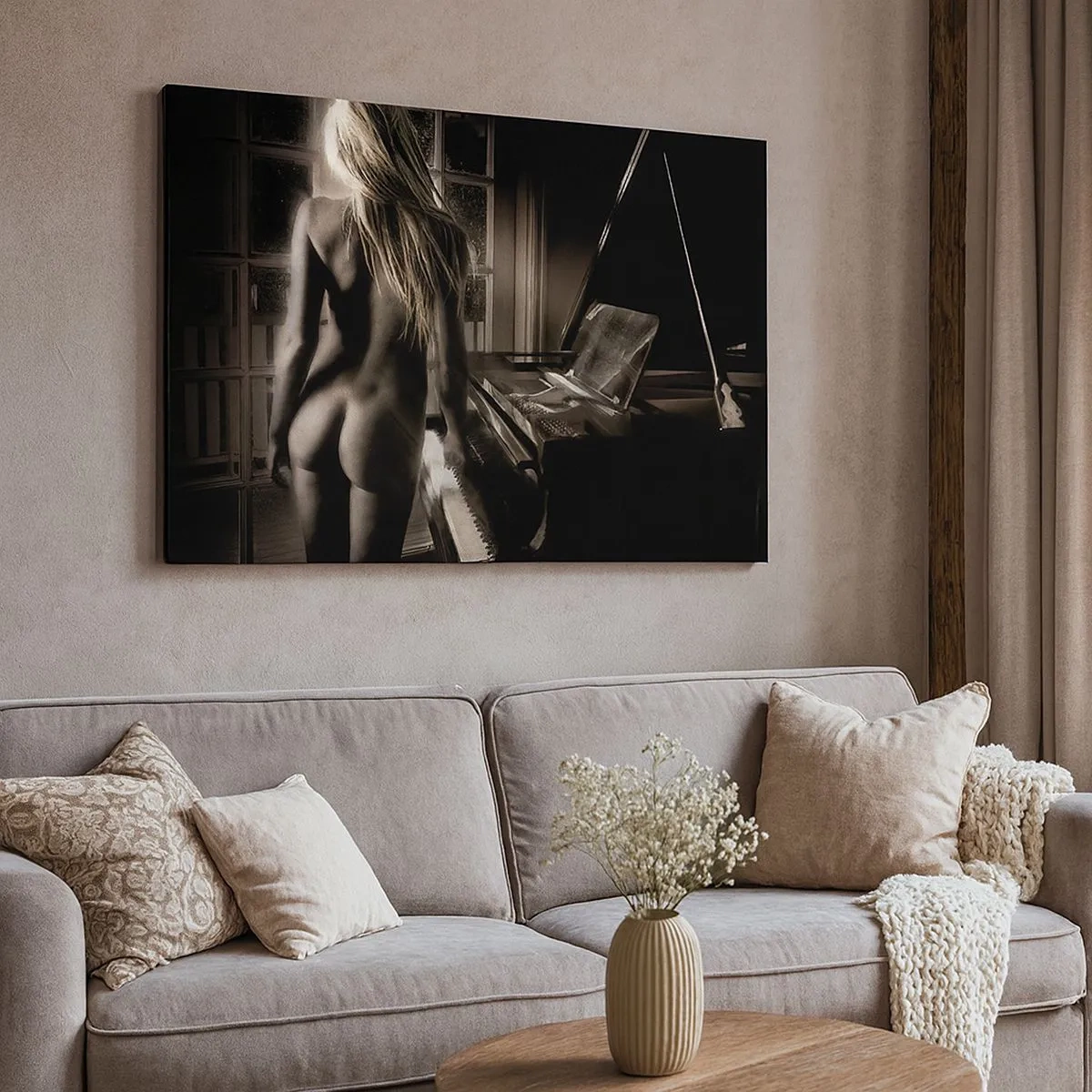Impression sur toile - Image sur toile - Nu féminin au piano en noir et blanc - 70x50cm - Harmonie parfaite du soir - Décoration murale moderne pour le salon et la chambre ARTTOR