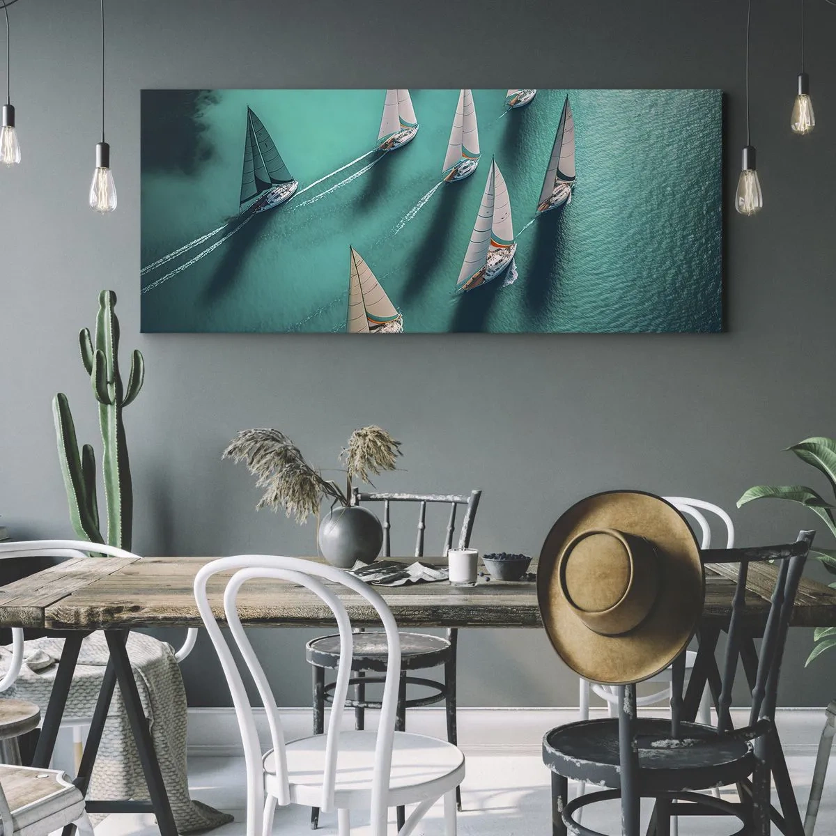Impression sur toile - Image sur toile - Yachts sur l'eau turquoise en mouvement dynamique - 120x50cm - Dans une compétition avec le vent - Décoration murale moderne pour le salon et la chambre ARTTOR
