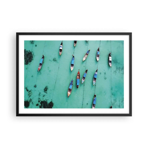 Affiche dans un cadre noir - Poster - Vue aérienne de bateaux sur une eau turquoise - 70x50cm - Dans une attente jouyeuse - Décoration murale moderne pour le salon et la chambre ARTTOR