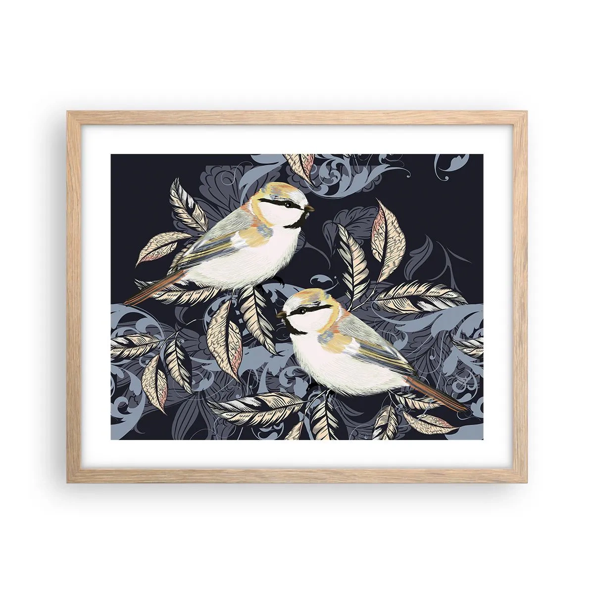 Affiche dans un chêne clair - Poster - Babillement jaune et bleu - 50x40 cm