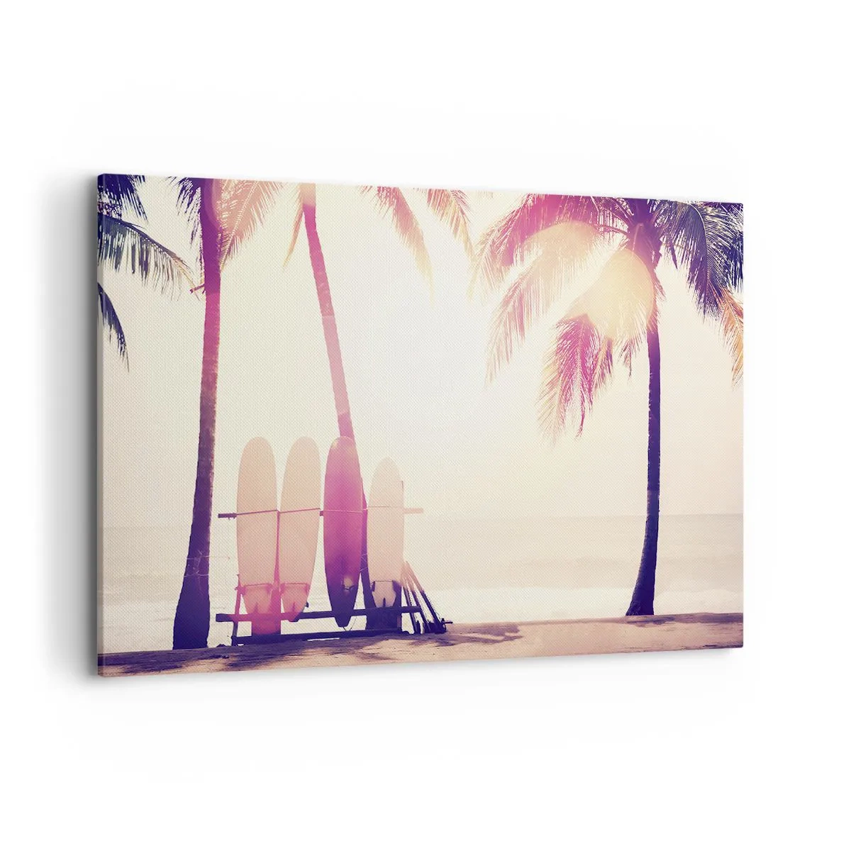 Impression sur toile - Image sur toile - Palmiers et planches de surf sur la plage au soleil - 120x80cm - Ca va être une journée magnifique - Décoration murale moderne pour le salon et la chambre ARTTOR