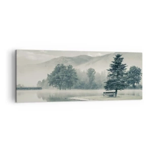 Impression sur toile - Image sur toile - Un lac pittoresque avec un banc et du brouillard en arrière-plan - 140x50cm - Le lac dort encore - Décoration murale moderne pour le salon et la chambre ARTTOR