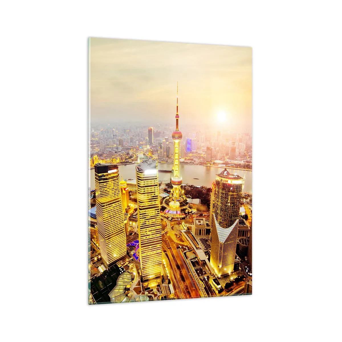 Impression sur verre - Image sur verre - Panorama de la ville avec des gratte-ciels au coucher du soleil - 70x100cm - Rêve asiatique - Décoration murale moderne pour le salon et la chambre ARTTOR