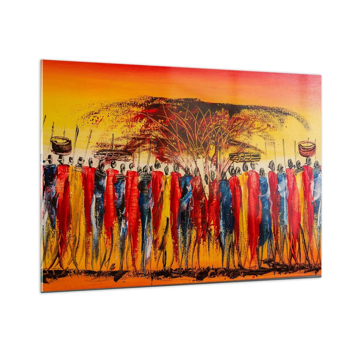 Impression sur verre - Image sur verre - Une scène colorée avec des gens en costumes traditionnels africains - 100x70cm - Là-bas, là-bas, ils vont là-bas - Décoration murale moderne pour le salon et la chambre ARTTOR