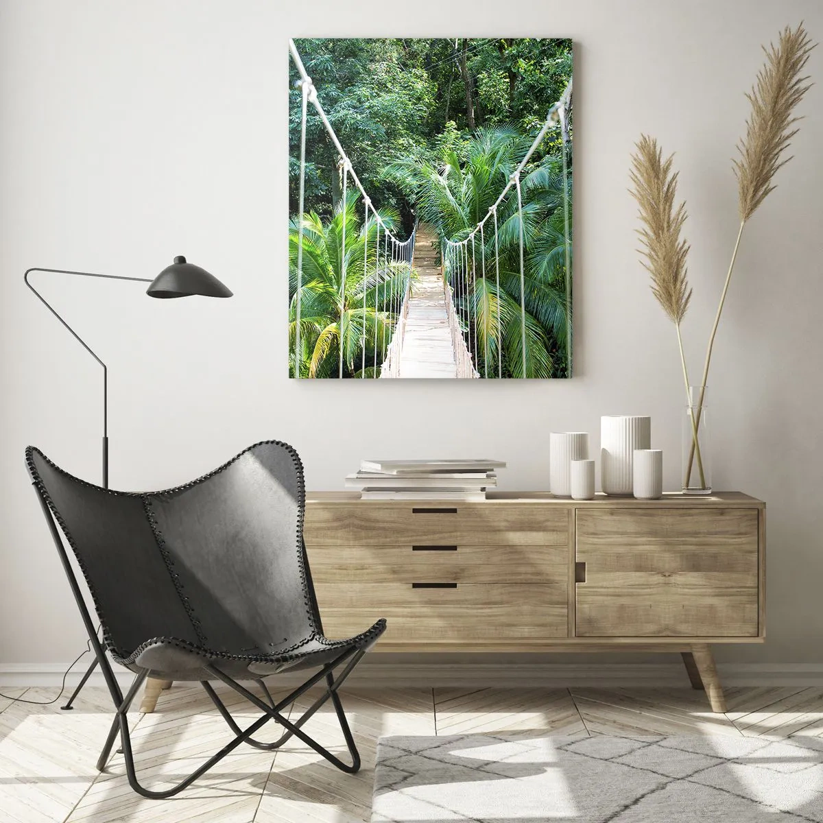 Impression sur verre - Image sur verre - Un pont suspendu dans une jungle tropicale pleine de verdure - 80x120cm - Welcome to the jungle! - Décoration murale moderne pour le salon et la chambre ARTTOR