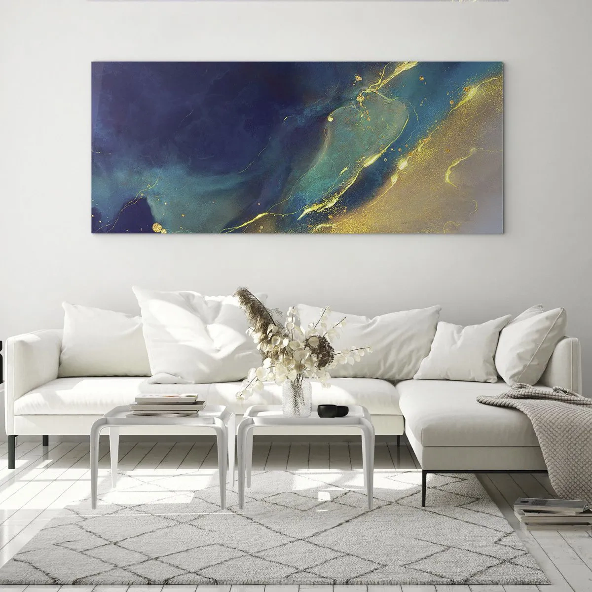 Impression sur verre - Image sur verre - Composition abstraite dans les tons bleu et or sur toile - 140x50cm - Coulée d'or - Décoration murale moderne pour le salon et la chambre ARTTOR