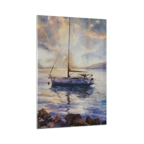 Impression sur verre - Image sur verre - Un yacht sur une mer calme au coucher du soleil - 70x100cm - Soirée sur la baie - Décoration murale moderne pour le salon et la chambre ARTTOR