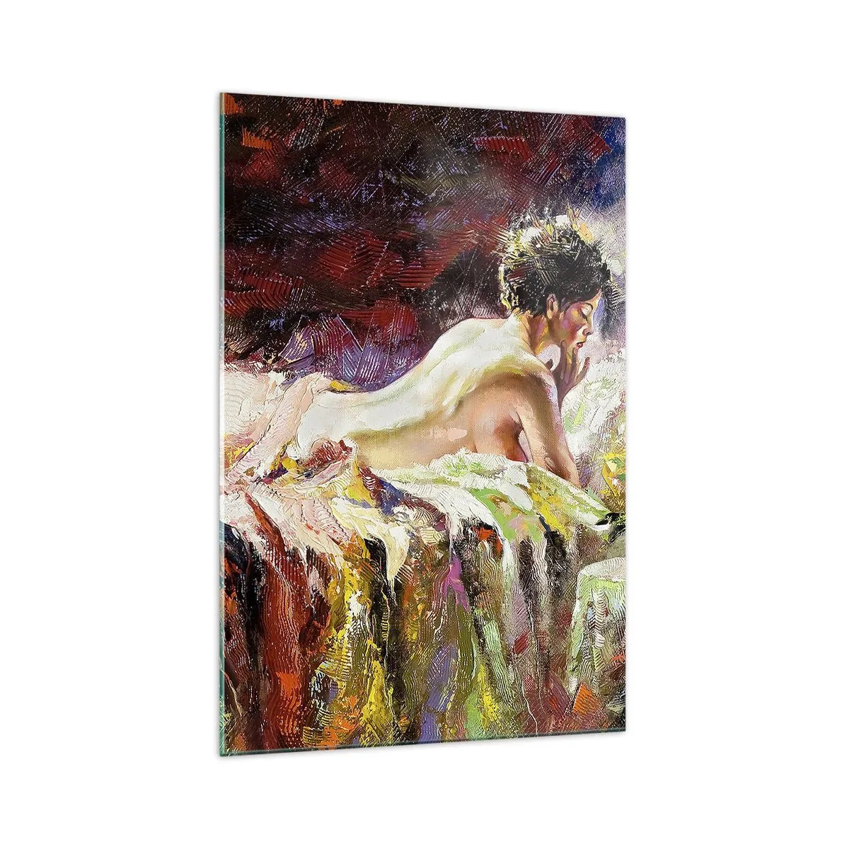 Impression sur verre - Image sur verre - Une femme allongée sur un lit sur un fond de couleurs abstraites. - 70x100cm - Vénus en pensée - Décoration murale moderne pour le salon et la chambre ARTTOR
