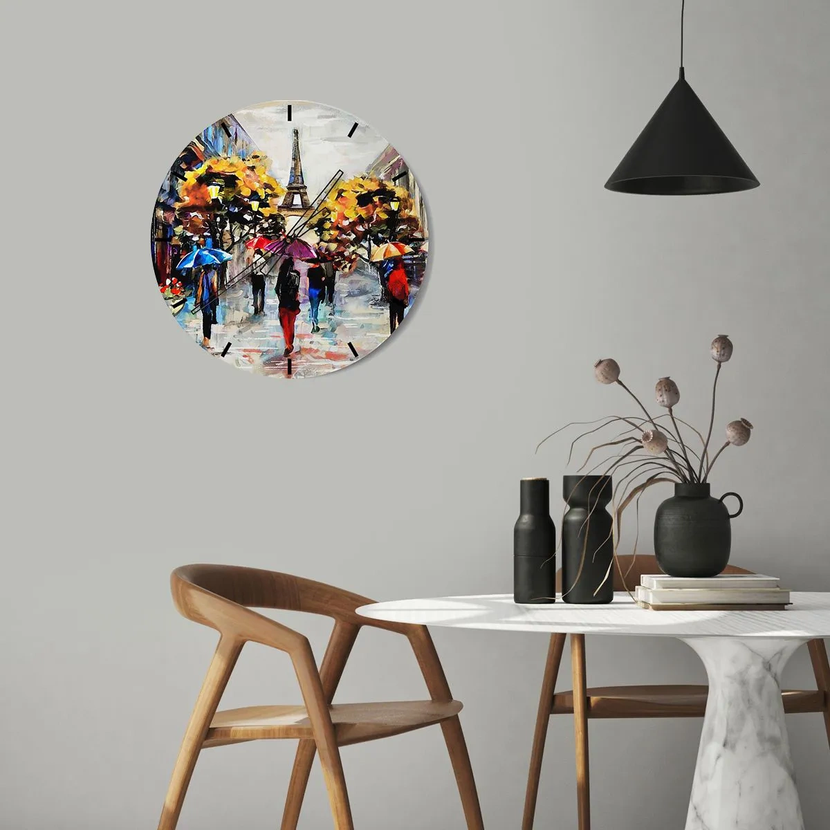 Horloge murale - Pendule murale - La Tour Eiffel avec des arbres d'automne et des parapluies dans la rue - 30x30cm - Particulièrement beau en automne - Décoration murale moderne pour le salon, la cuisine et la chambre ARTTOR