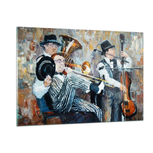 Impression sur verre - Image sur verre - Un groupe de jazz dans une scène impressionniste atmosphérique - 120x80cm - C'est tout le Jazz - Décoration murale moderne pour le salon et la chambre ARTTOR