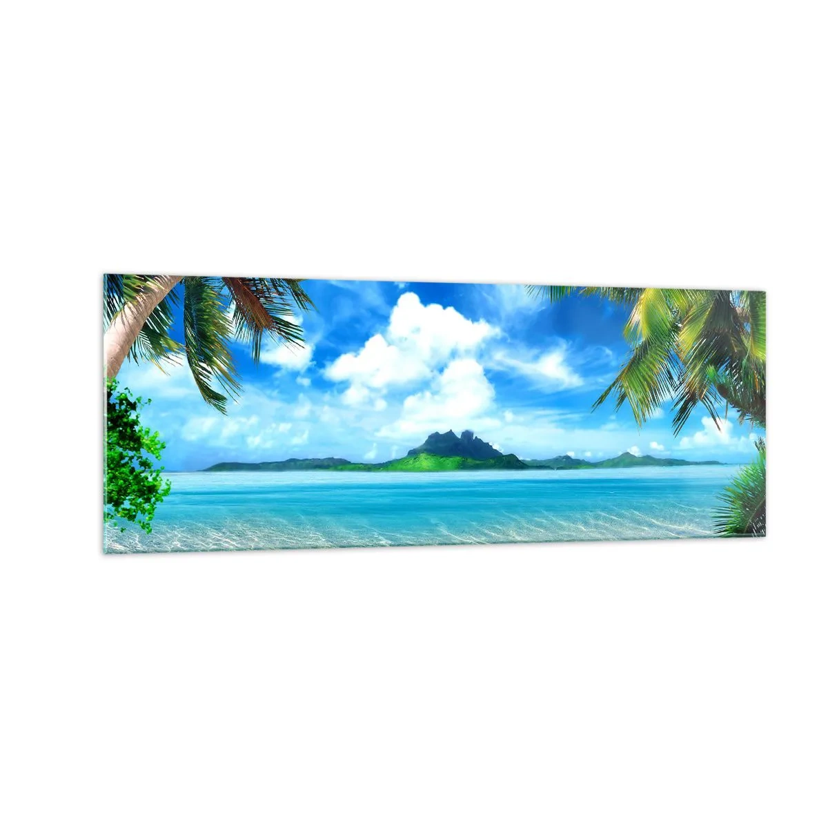 Impression sur verre - Image sur verre - Plage tropicale avec palmiers et vue sur l'île - 140x50cm - L'azur des tropiques - Décoration murale moderne pour le salon et la chambre ARTTOR