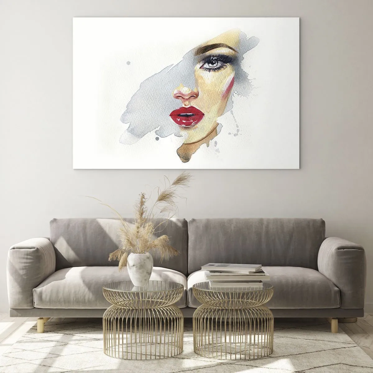 Impression sur verre - Image sur verre - Portrait à l'aquarelle d'une femme aux lèvres rouges - 100x70cm - Reflet dans une goutte d'eau - Décoration murale moderne pour le salon et la chambre ARTTOR