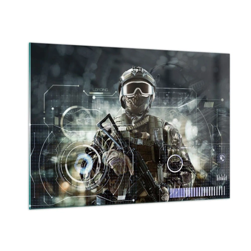 Impression sur verre - Image sur verre - Un soldat en équipement tactique sur fond d'interface futuriste. - 100x70cm - Puissance sans limite - Décoration murale moderne pour le salon et la chambre ARTTOR