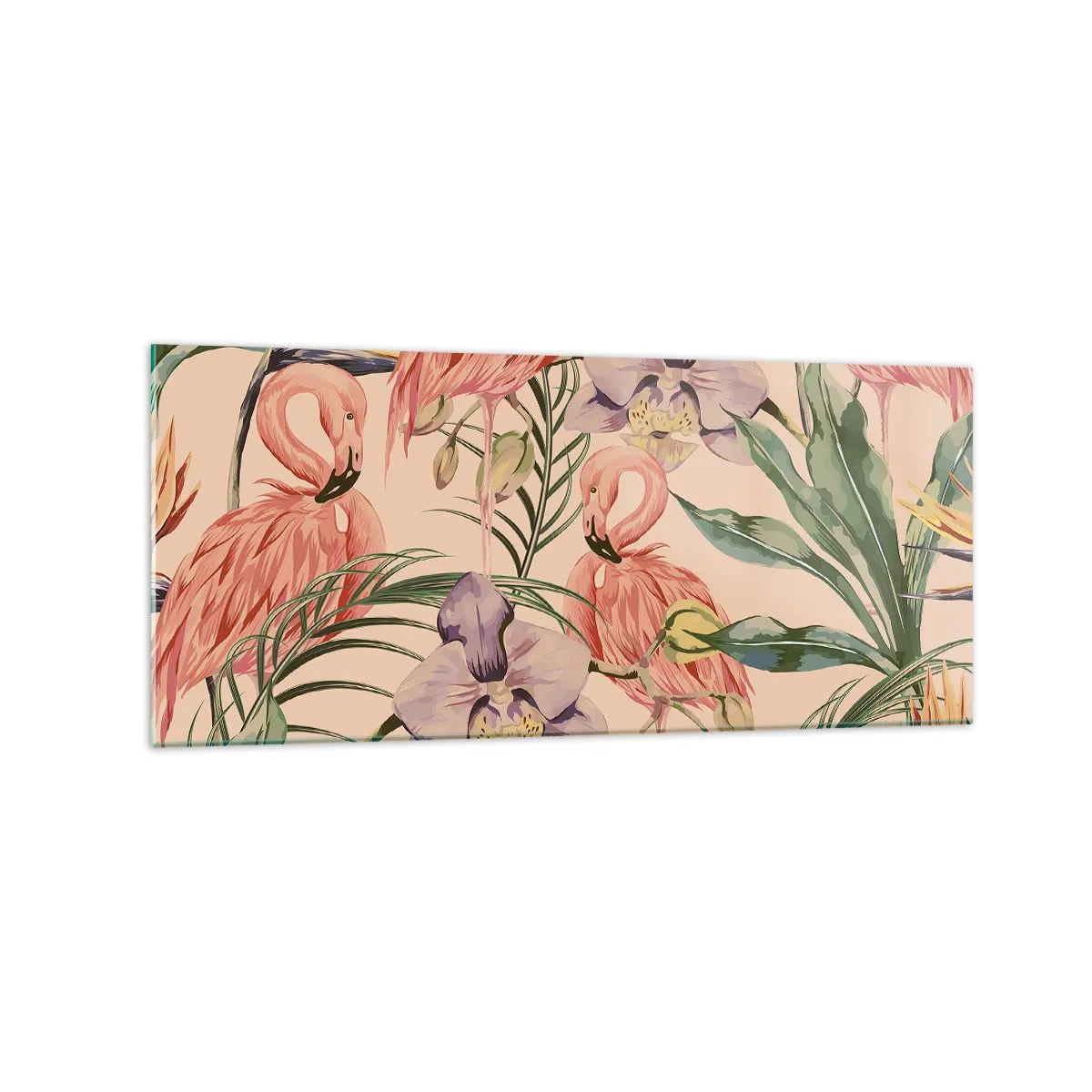 Impression sur verre - Image sur verre - Flamants roses et fleurs tropicales sur fond clair - 120x50cm - Ballet rose dans les fleurs - Décoration murale moderne pour le salon et la chambre ARTTOR