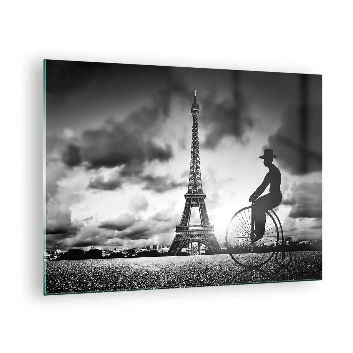 Impression sur verre - Image sur verre - Tour Eiffel avec vélo rétro en noir et blanc - 70x50cm - Nostalgie de la Belle Epoque - Décoration murale moderne pour le salon et la chambre ARTTOR