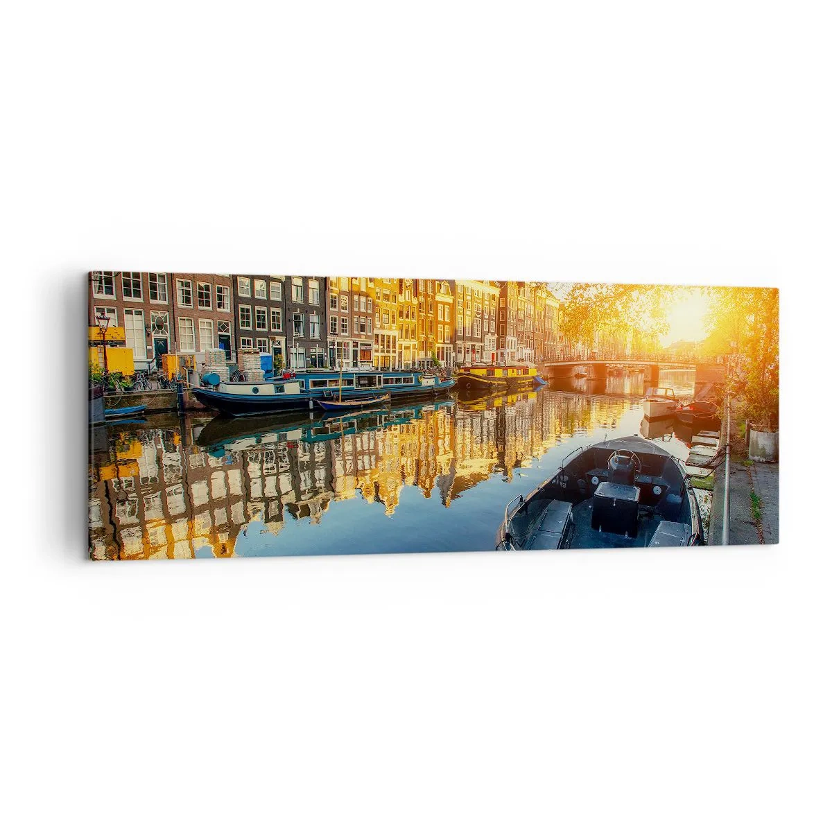 Impression sur toile - Image sur toile - Canal d'Amsterdam au coucher du soleil - 140x50cm - Début de journée à Amsterdam - Décoration murale moderne pour le salon et la chambre ARTTOR