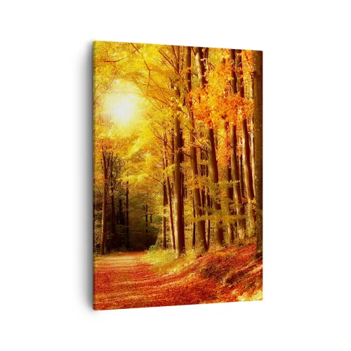 Impression sur toile - Image sur toile - Forêt d'automne avec les rayons du soleil qui brillent à travers les arbres - 50x70cm - Automne doré sur une route forestière - Décoration murale moderne pour le salon et la chambre ARTTOR