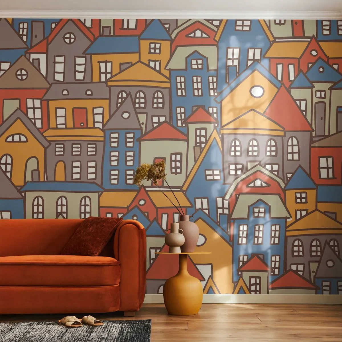 Papier Peint Photo Premium Sand - Maisons de dessins animés colorées de style rétro - 100x70cm - Derrière la maison, une maison - Décoration murale moderne pour le salon et la chambre ARTTOR