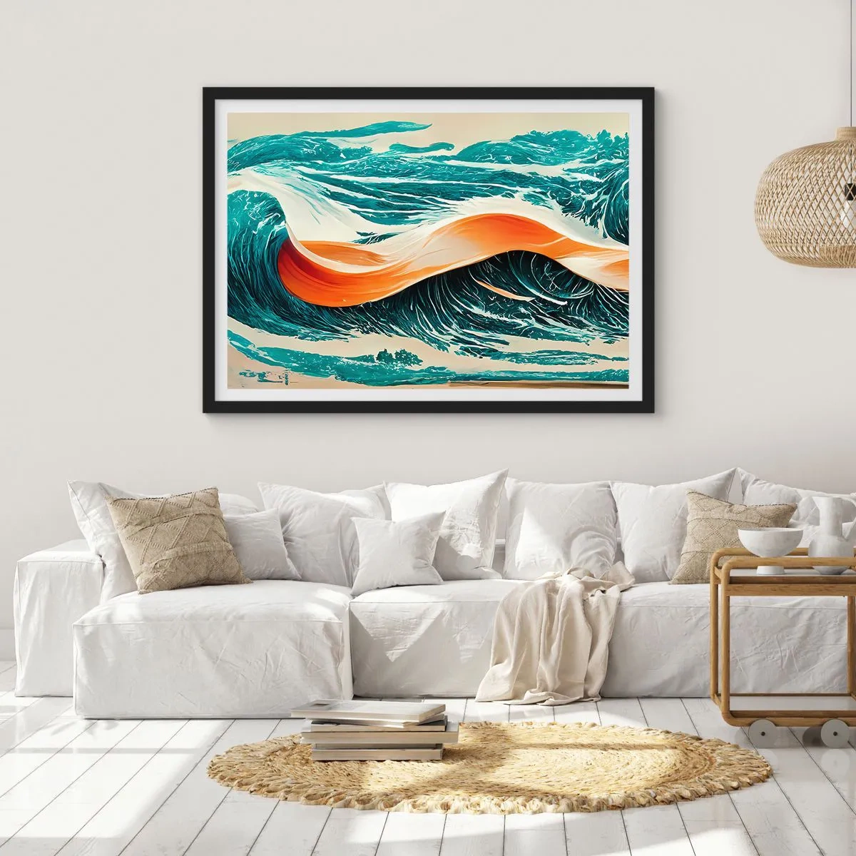 Affiche dans un cadre noir - Poster - Vagues de mer dynamiques avec ruban abstrait - 100x70cm - Le rêve d'un surfeur - Décoration murale moderne pour le salon et la chambre ARTTOR